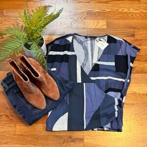 Zara Women’s Medium Blue Geometric Linen V-neck Top Work Wear Corporatecore Wrap